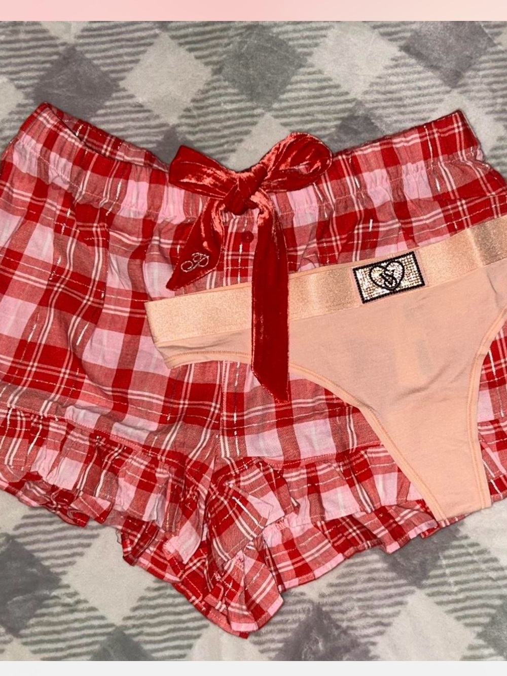 Victoria's Secret Plaid pajama shorts with Peach bling patch Thong size med